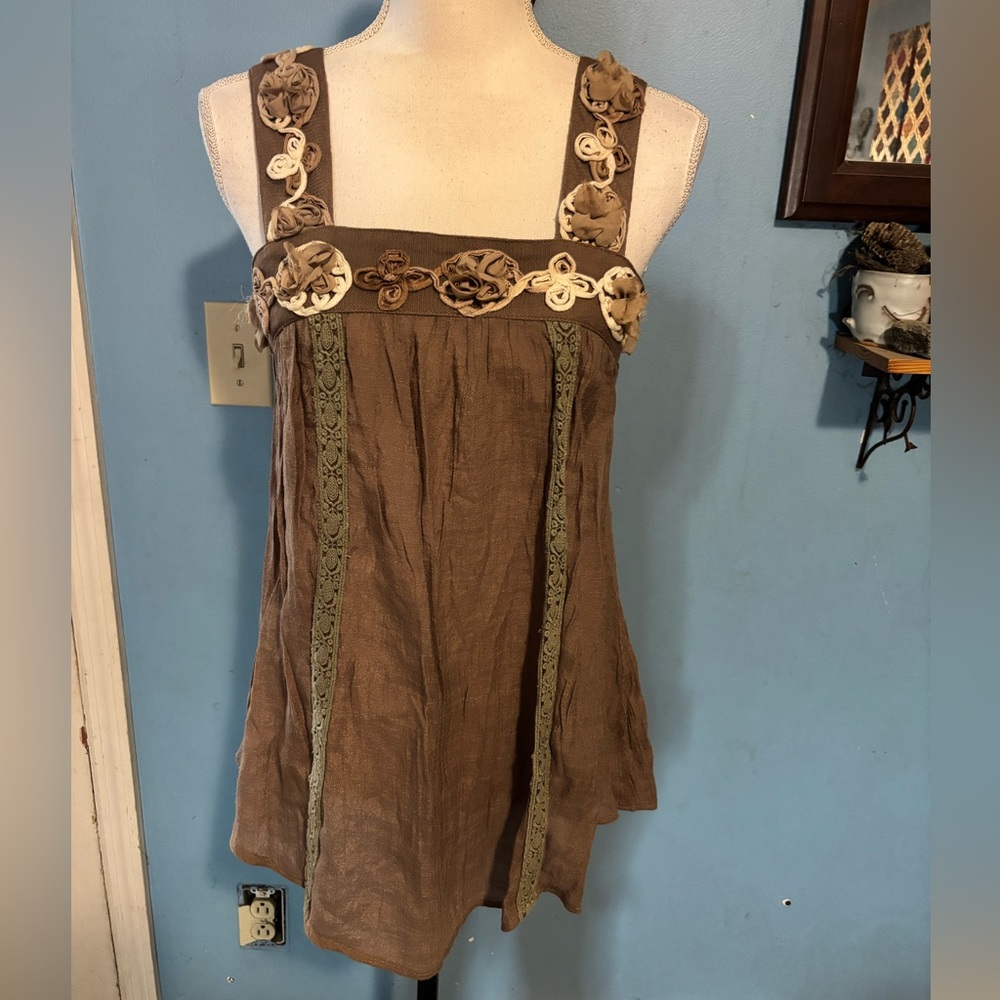 blue bird, Tan, Embroidered, Tank Top